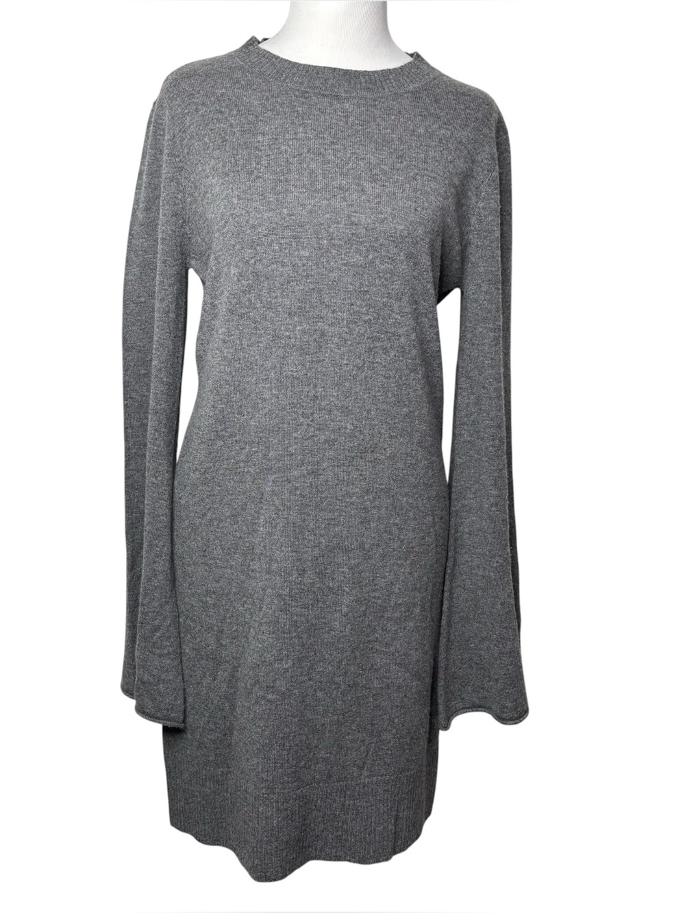 Saks Fifth Avenue Women’s Knit Sweater Dress L Gray Wool Cashmere Bell Sleeves